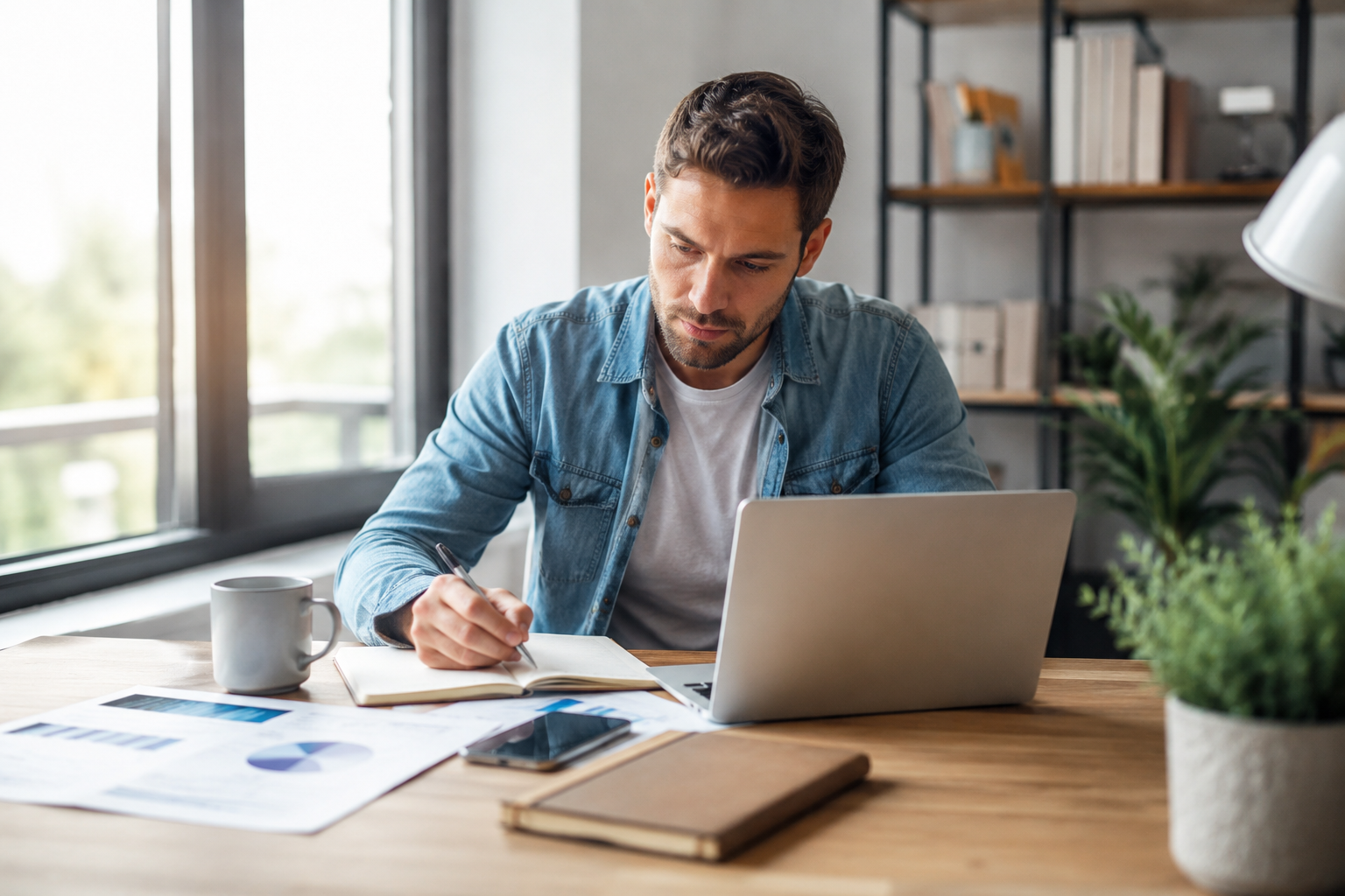 Entrepreneur planning a low investment small business from a home office