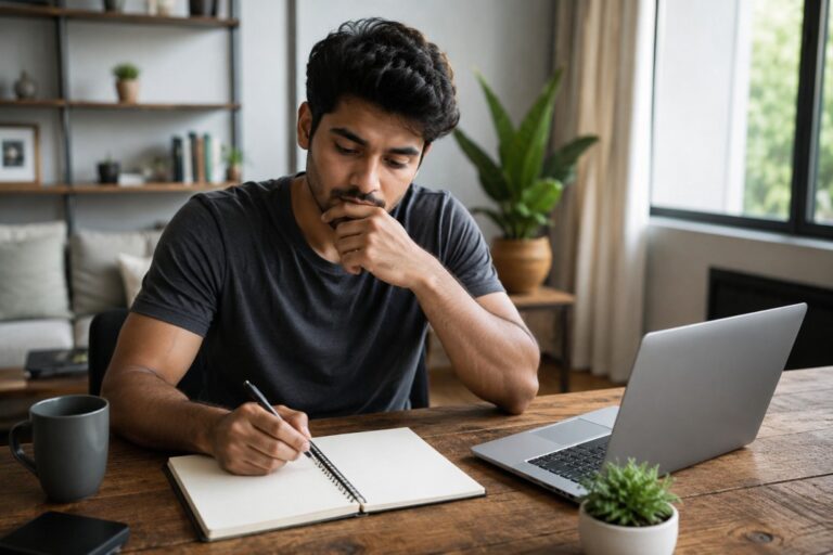 Person brainstorming business ideas at a home desk