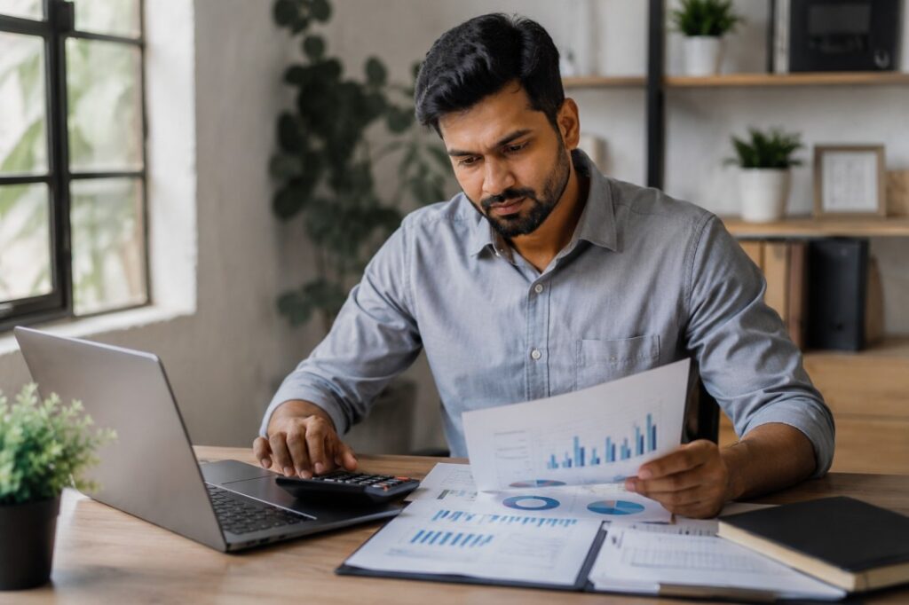 Small business owner reviewing finances and long-term growth plans