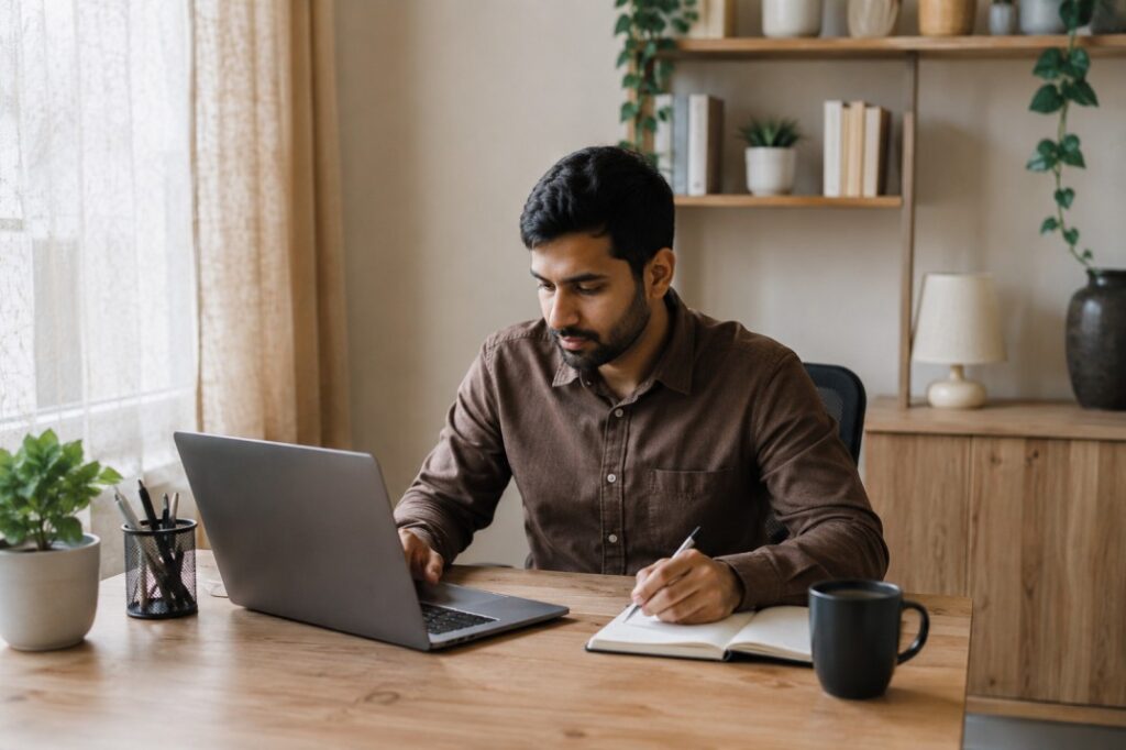 Entrepreneur working on a small business idea from a home office